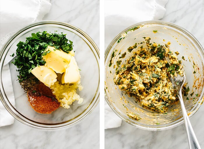 Mixing the garlic herb butter mixture.