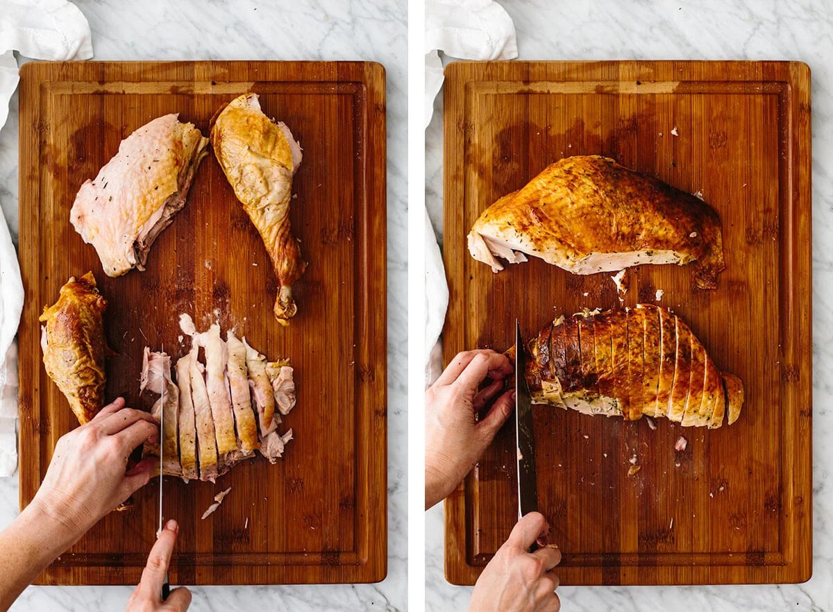 Carving a turkey into pieces.