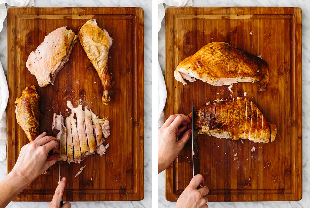 Carving a roasted turkey into small pieces.