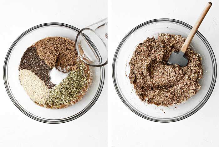 Mixing seed cracker dough.