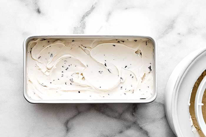 A loaf pan with vegan ice cream.