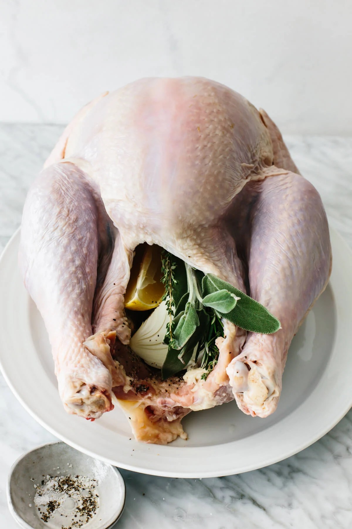 Stuffing a Thanksgiving turkey with onions and herbs