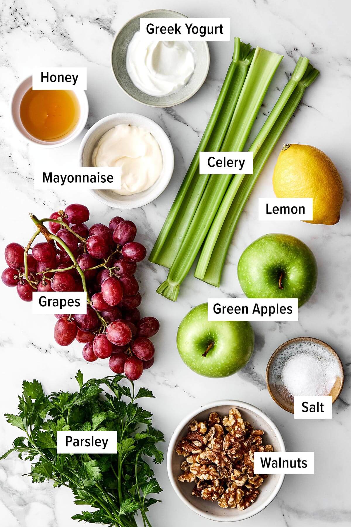 Ingredients for a classic Waldorf salad.